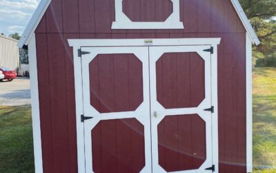 Lofted Barn-  10 x 16 w/ 6’3″ WALLS, one 2×3 Window, pinnace red w/ silver roof & painted trim